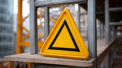 A yellow triangular hazard warning sign is positioned on scaffolding at a construction site