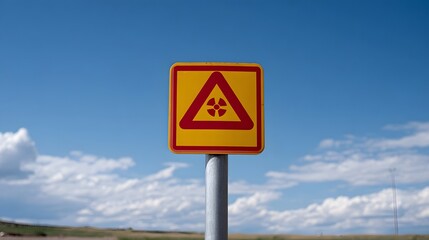 A bright yellow warning sign featuring a red radiation hazard symbol is mounted on a metal post against a clear blue sky with scattered clouds