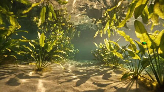 Pristine tropical river with an over-under split view, golden sun rays illuminating clear water, sandy bottom, and lush aquatic plants for a natural ecosystem concept
