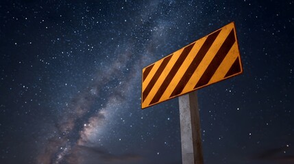 A yellow and black striped hazard sign stands on a concrete post against a backdrop of a starry night sky and the Milky Way