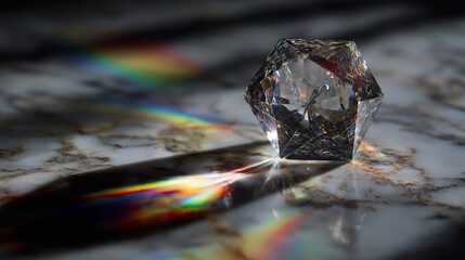 diffraction. Glass prism creating rainbow light refraction on a sleek marble surface. STEM education sheets, lab safety posters, designed for biotech research communications, used by radiologists.