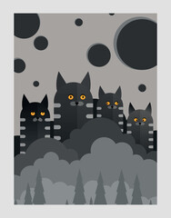 Cute black cats in misty night forest illustration