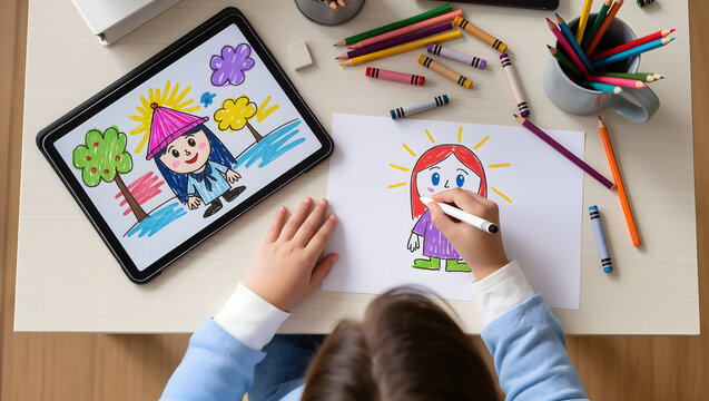 Top view of child drawing a character on paper with markers and crayons while using a digital tablet for reference