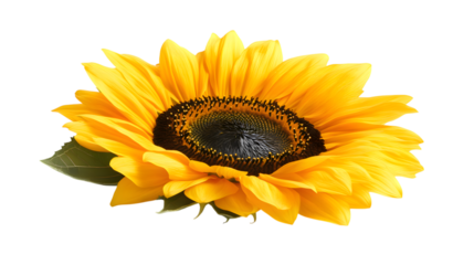 Beautiful bright yellow sunflower bloom showcasing intricate dark center petals and green leaf detail on transparent background