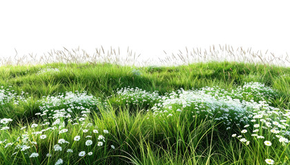 Rolling green meadow dotted with delicate white flowers, set against a dark, empty sky