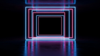 Neon glowing squares in dark space with reflections