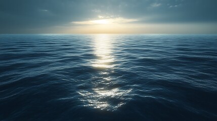 Obraz premium Ocean horizon with sunlight reflecting across the water surface under cloudy sky