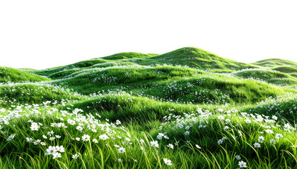 Rolling hills covered in lush green grass and tiny white flowers under a clear sky