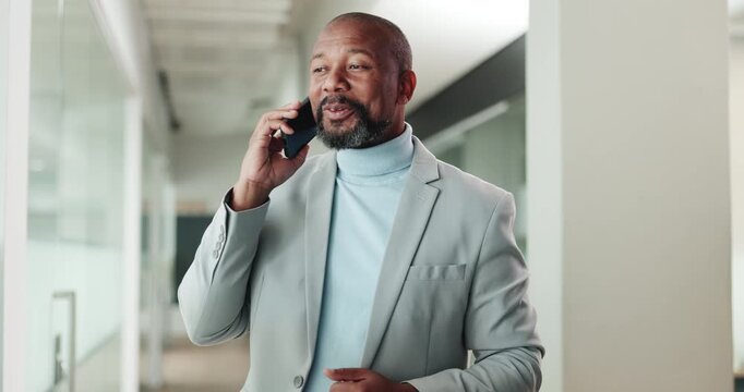 African, businessman and phone call with watch at office for trial schedule, litigation negotiation and attorney. Communication, legal contact and mature lawyer with time for mobile chat at law firm