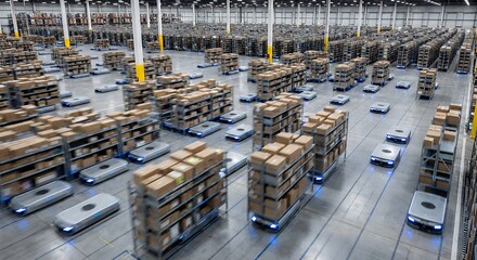 Wide aerial shot of a large automated warehouse facility featuring robotic automation technology autonomous mobile robots handling inventory shelves maximizing supply chain efficiency Perfect Any