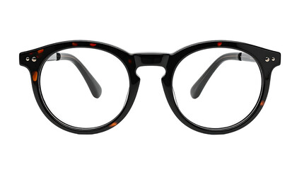 Round eyeglasses in tortoise shell pattern, visible lenses, and dark arms, isolated on black background