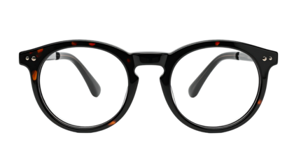 Round eyeglasses in tortoise shell pattern, visible lenses, and dark arms, isolated on black background