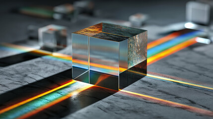 diffraction. Glass prism creating rainbow light refraction on a sleek marble surface. STEM education sheets, lab safety posters, designed for biotech research communications, used by radiologists.