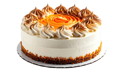 Round cake decorated with orange rose and white-brown swirls, sitting on a round, brown base