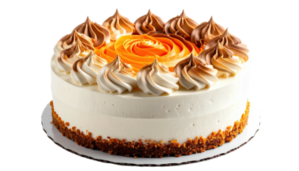 Round cake decorated with orange rose and white-brown swirls, sitting on a round, brown base