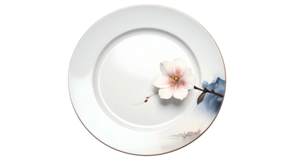 Elegant white plate with a delicate floral design and gold trim, featuring a blossom and stylized landscape painting