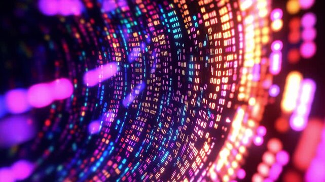 Colorful binary code patterns creating a digital tunnel with lights and dynamic visual experience in a virtual setting