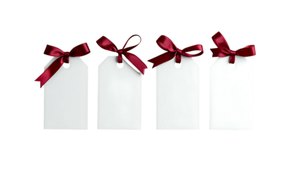 Four plain, white paper gift tags with red silk ribbons, set against a black background, with the tags aligned horizontally