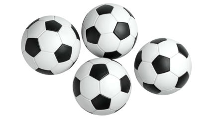 Four soccer balls, patterned with black and white pentagons and hexagons, arranged on a dark backdrop, creating a spherical display