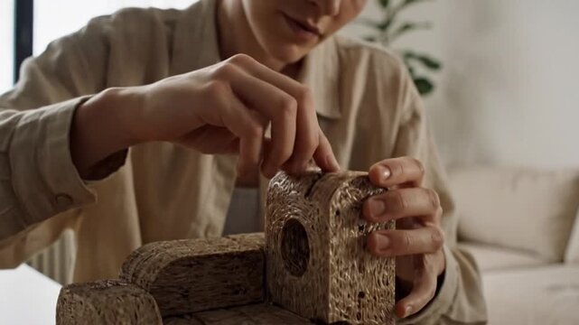 Woman Assembling Eco-Friendly Cardboard Furniture at Home