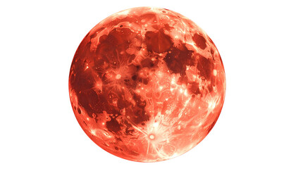 A crimson-hued moon with visible craters, set against a stark black backdrop, evoking a celestial, dramatic feel