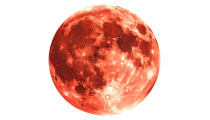 A crimson-hued moon with visible craters, set against a stark black backdrop, evoking a celestial, dramatic feel