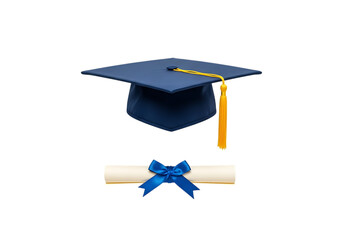 Graduation cap and diploma isolated on transparent background