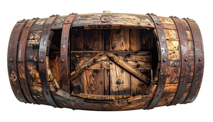 Rustic, weathered, open wooden barrel with metal bands, revealing interior detail