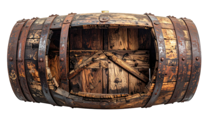 Rustic, weathered, open wooden barrel with metal bands, revealing interior detail