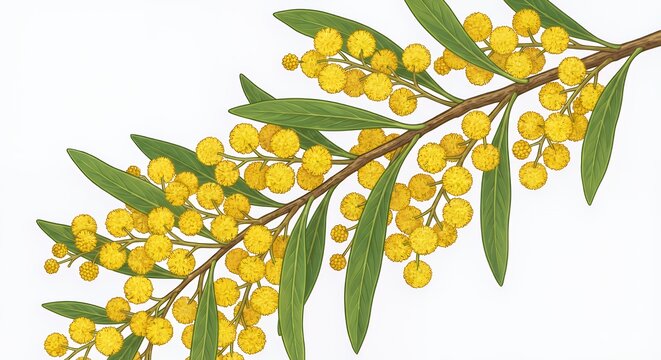Detailed illustration of Golden Wattle Acacia branch featuring vibrant yellow pompom flowers and green phyllodes isolated on a clean white background Perfect Any Project.