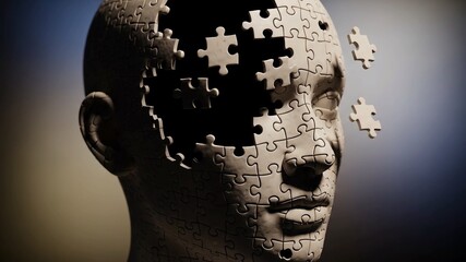 A man's head is covered in puzzle pieces, symbolizing the complexity of the human mind and the search for answers.