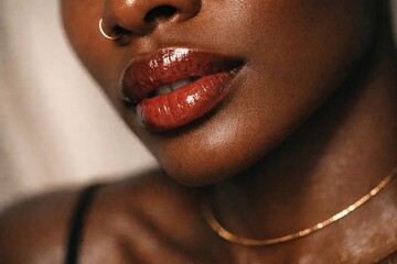 Macro close-up of glossy lips with red lipstick and nose ring, beauty and cosmetics concept with smooth skin texture.