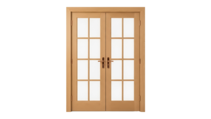 Wooden double French doors PNG isolated on transparent background, interior design element for architecture and home improvement projects