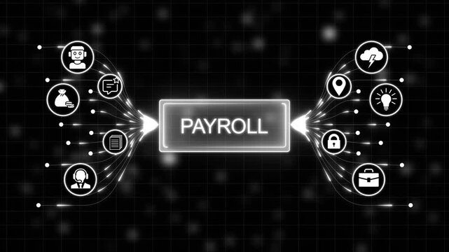 Digital payroll processing concept with icons and network connections on dark background, modern accounting and finance technology.