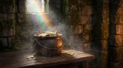 Rainbow lights pot of gold coins. Coins spill from cauldron in mossy stone ruin, misty beam and warm glow for St Patricks Day promo, lucky treasure concept with copy space, coins shine