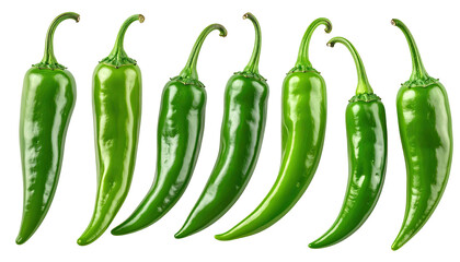 Seven vibrant green chili peppers arranged side-by-side against a stark black background