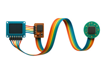 Colorful electronic ribbon cable modules isolated on transparent background