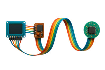 Colorful electronic ribbon cable modules isolated on transparent background