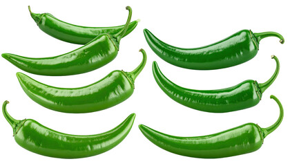 Seven vibrant green chili peppers artfully arranged against a stark black background