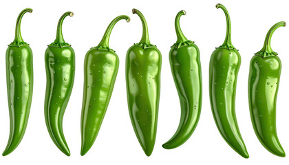 Seven vibrant green chili peppers arranged closely on a black background