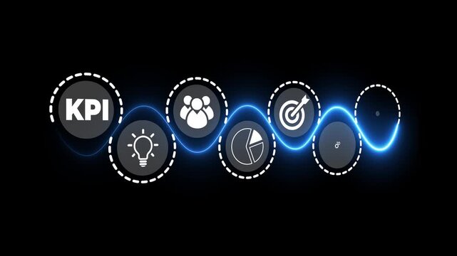 KPI and data metrics idea on the black background.  Modern technology and data driven decision making in business strategy. Motion graphics of KPI analytics concept. 4k video animation.