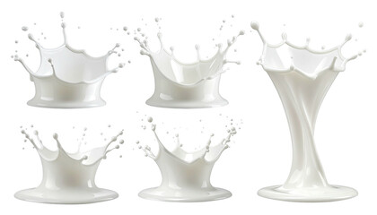 Several dynamic renderings of dairy liquid splashes, isolated against a transparent backdrop