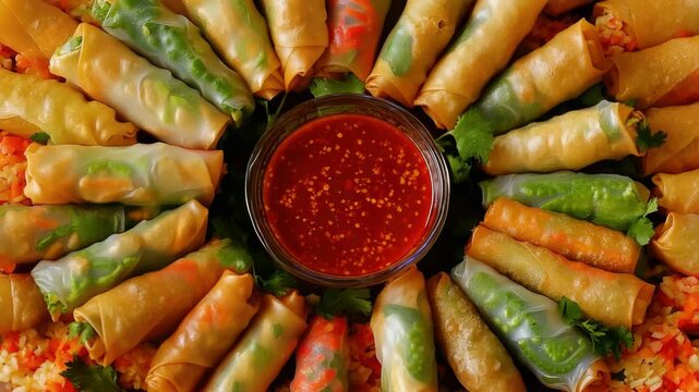 A platter of appetizing spring rolls with dipping sauce, ready to serve and enjoy.