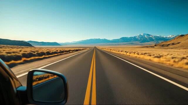 Journey through an open highway in a vast landscape with mountains in the distance and clear skies