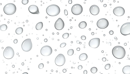 Several translucent, spherical water droplets of varying sizes scattered on a dark background