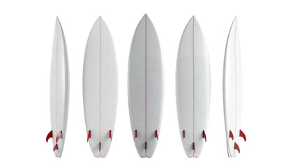 Several views of a white surfboard with red fins against a black background