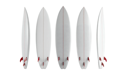 Several views of a white surfboard with red fins against a black background