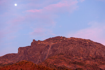 View of Girnar Hill near Junagadh, Gujarat, India, at dusk.