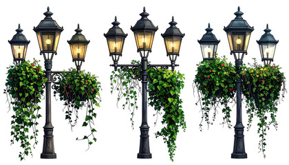 Several ornate street lamps, adorned with trailing green foliage, emitting a warm, golden glow