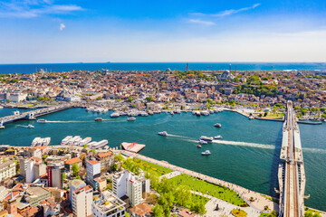 Aerial view of Golden Horn bay of Istanbul, Halic bridge and mosques with Sultanahmet district...